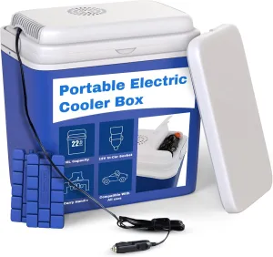 Electric Cooler Box of 22L | Large Cool Box Powered By 12V Cigarette Lighter Socket | Portable Cooler for Camping & Picnics | One Active Lid with Cooler Fridge | One Passive Lid | 2 Ice Packs
