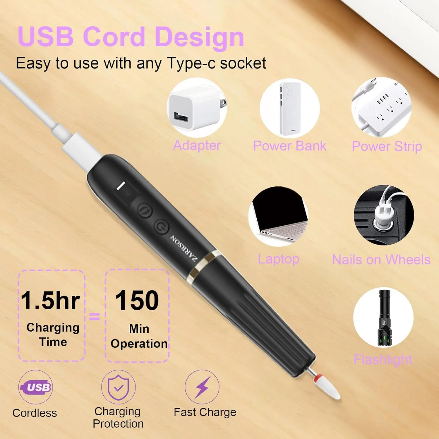 Electric Nail Filer, Professional Nail Drill Kit, Electric Nail Drill Kit, Portable File for Acrylic Gel Nails, Cordless Nail File Electric Manicure Pedicure Tools with Drill Bits for Home Salon