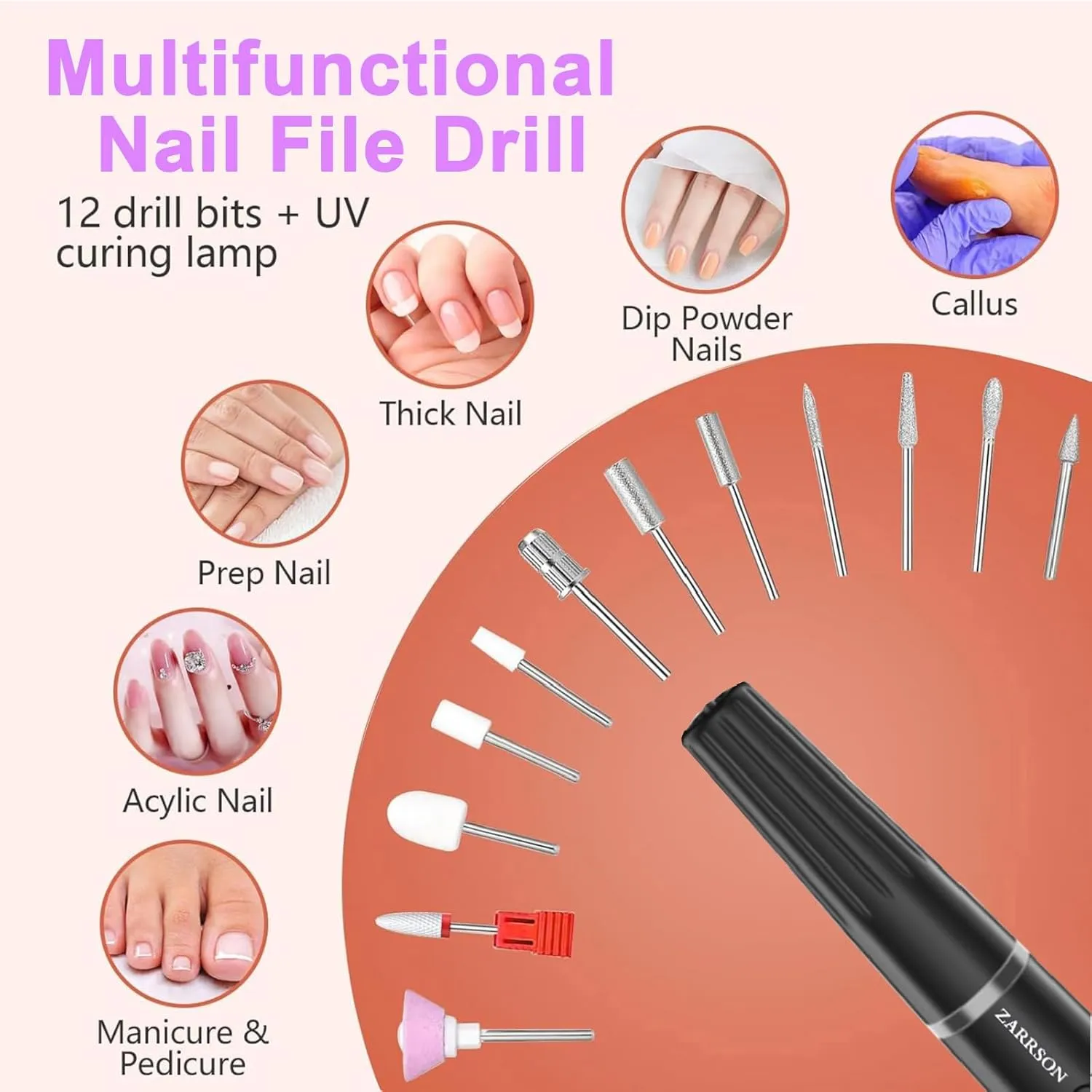 Electric Nail Filer, Professional Nail Drill Kit, Electric Nail Drill Kit, Portable File for Acrylic Gel Nails, Cordless Nail File Electric Manicure Pedicure Tools with Drill Bits for Home Salon