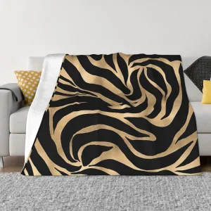 Elegant Metallic Gold Zebra Black Animal Print 80"X60" Flannel Blanket - 100% Soft Polyester, Lightweight and Warm, Suitable for Families, Camping, Travel