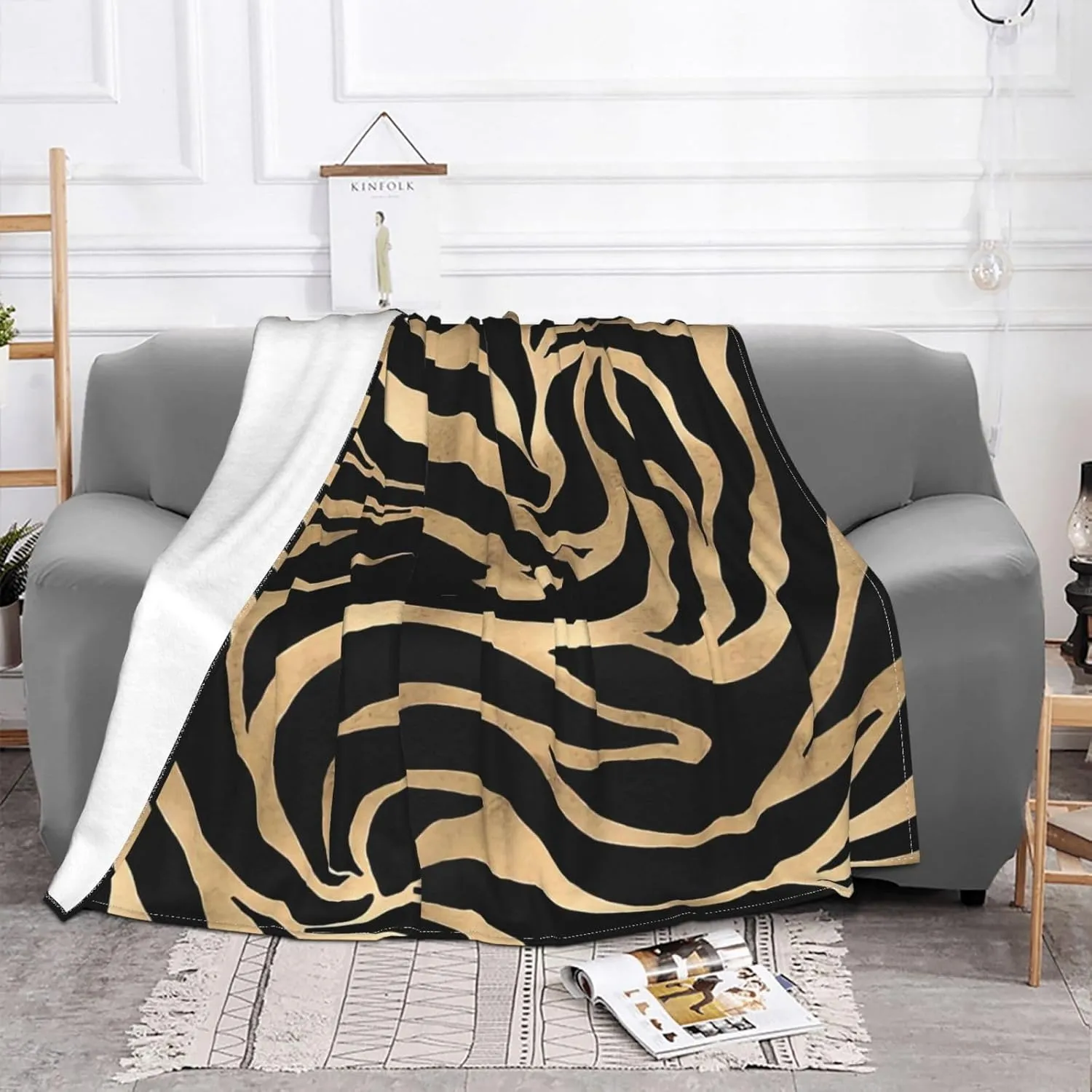 Elegant Metallic Gold Zebra Black Animal Print 80"X60" Flannel Blanket - 100% Soft Polyester, Lightweight and Warm, Suitable for Families, Camping, Travel