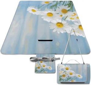 Elegant Spring Daisy Flowers Picnic Blanket Outdoor, Oversized Beach Blanket, Foldable Lightweight Waterproof Sand Cushion Suitable for Beaches, Camping Grasslands Mat
