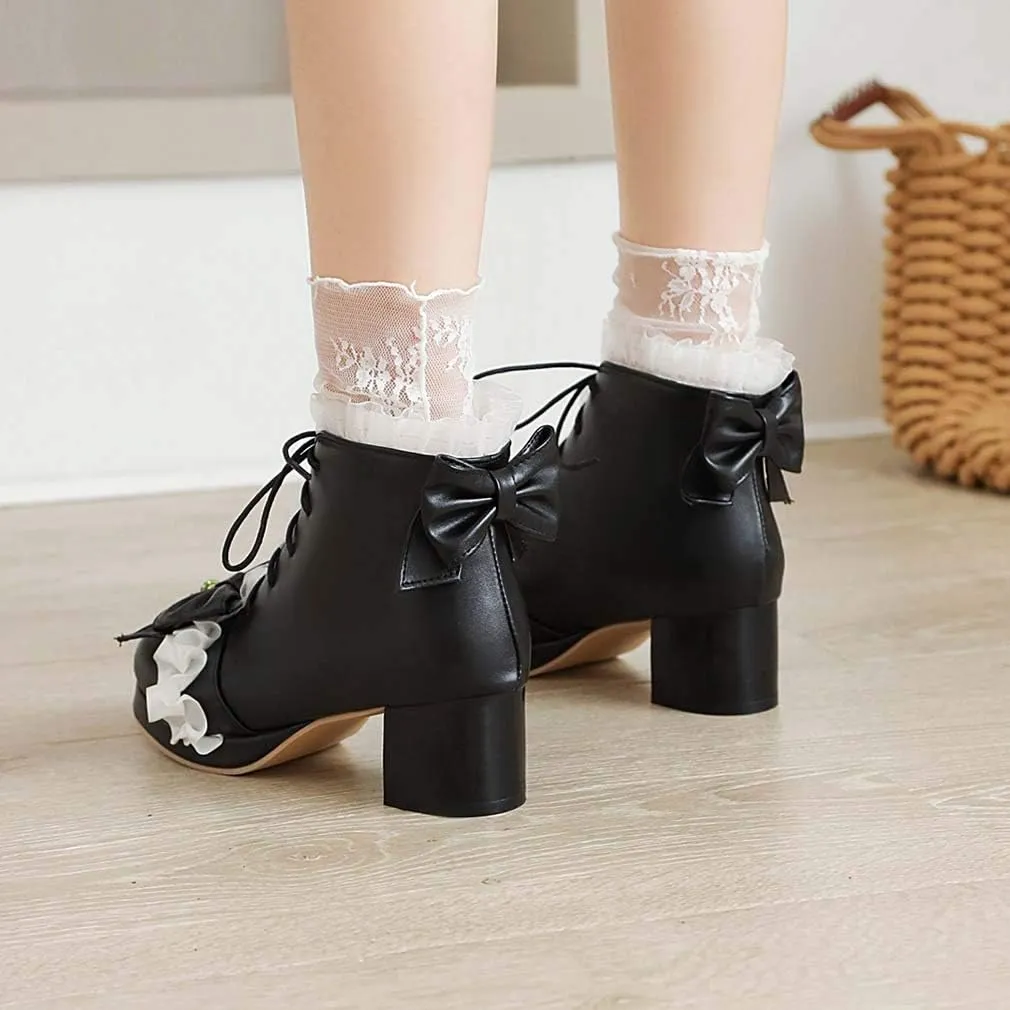 Elyffany Fashion Bow Ankle Boots Lace up Cute Chunky Heel Lolita Shoes
