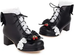 Elyffany Fashion Bow Ankle Boots Lace up Cute Chunky Heel Lolita Shoes