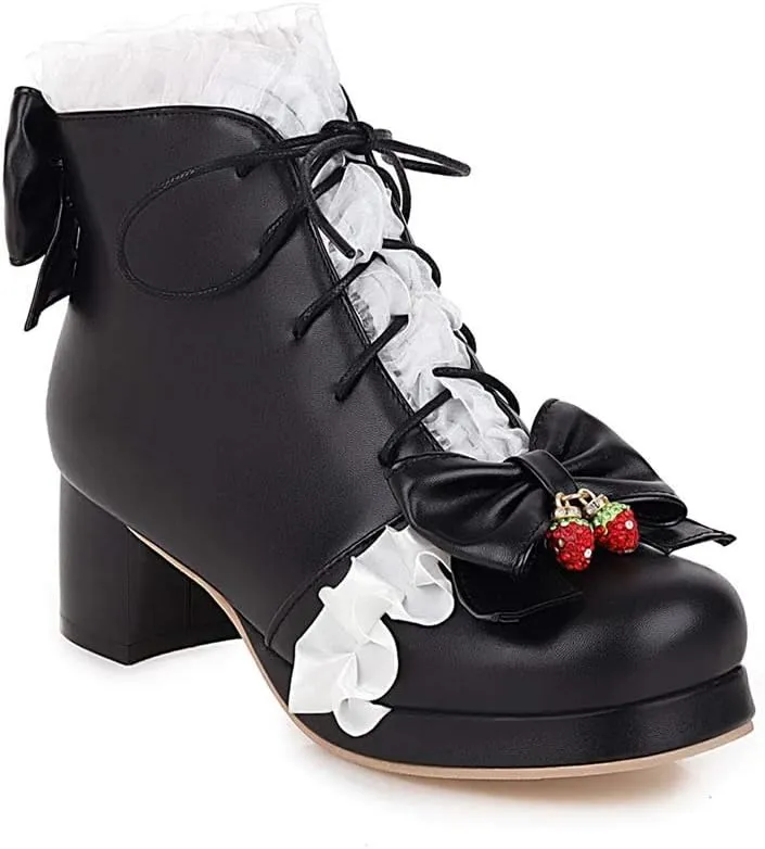 Elyffany Fashion Bow Ankle Boots Lace up Cute Chunky Heel Lolita Shoes