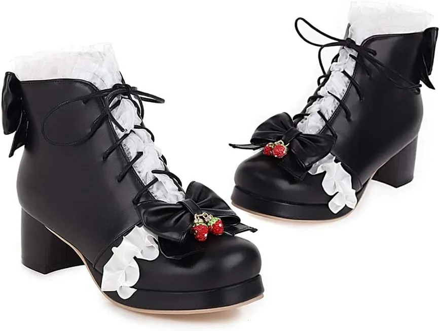 Elyffany Fashion Bow Ankle Boots Lace up Cute Chunky Heel Lolita Shoes