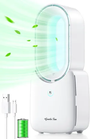 Elyss Desk Fan Tower Small Bladeless Fan,Air Circulator 4 Winds 5 Lights,11.8 Inch Portable with Battery Rechargeable Quiet Table Air Cooler,Desk Cooler Personal Nightstand WHITE AAAFAN