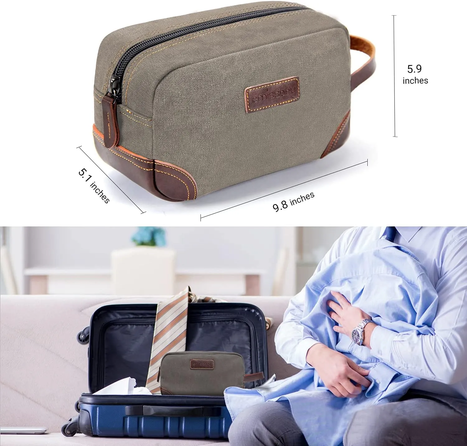 Emissary Men's Leather and Canvas Travel Toiletry Bag, Dopp Kit, Travel Bathroom Bag, Shaving Kit, Light Gray