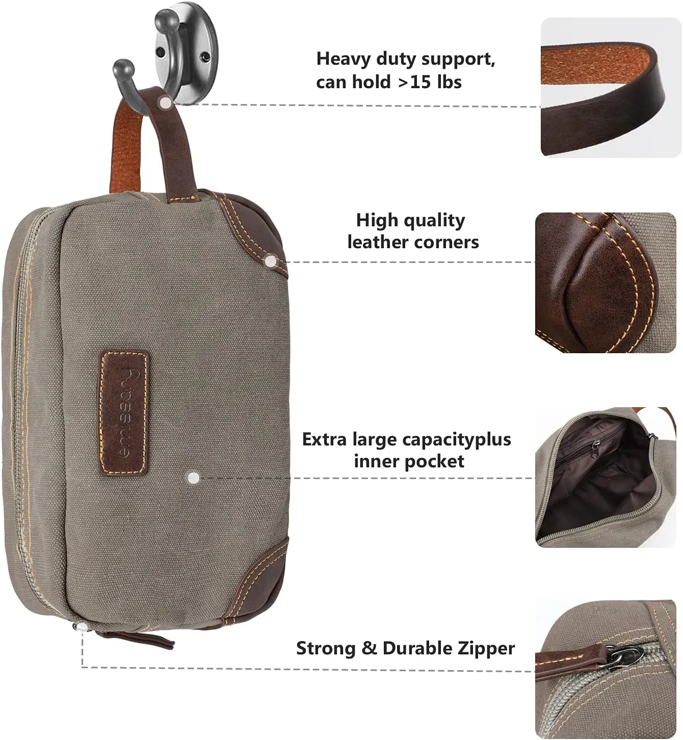 Emissary Men's Leather and Canvas Travel Toiletry Bag, Dopp Kit, Travel Bathroom Bag, Shaving Kit, Light Gray