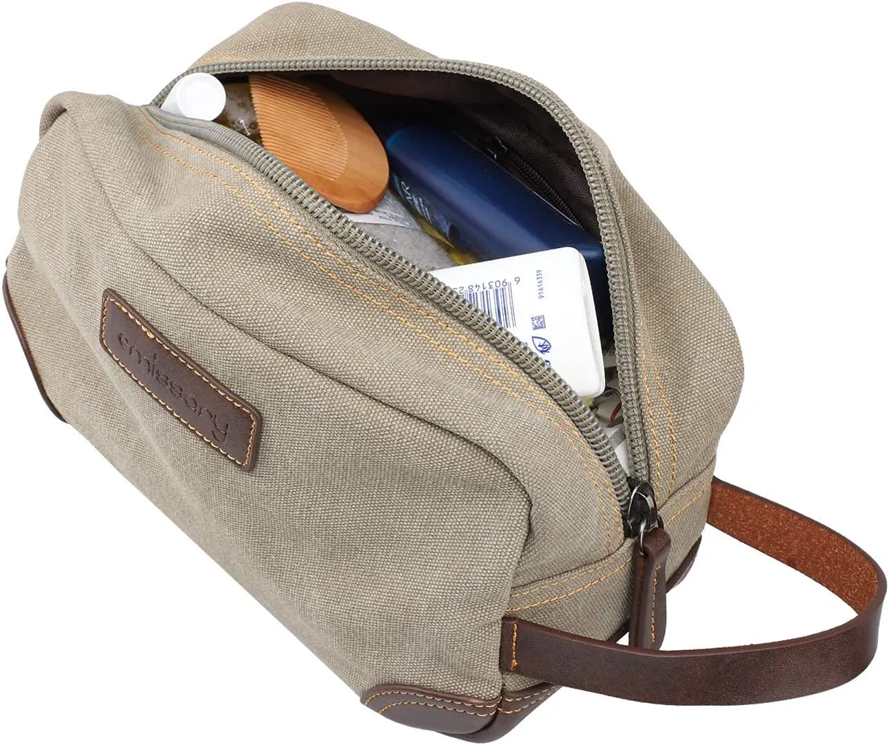 Emissary Men's Leather and Canvas Travel Toiletry Bag, Dopp Kit, Travel Bathroom Bag, Shaving Kit, Light Gray