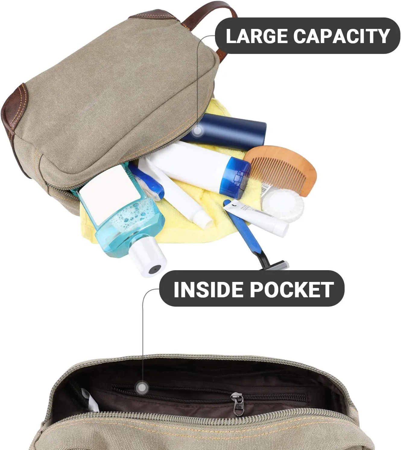Emissary Men's Leather and Canvas Travel Toiletry Bag, Dopp Kit, Travel Bathroom Bag, Shaving Kit, Light Gray