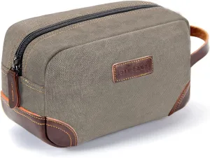 Emissary Men's Leather and Canvas Travel Toiletry Bag, Dopp Kit, Travel Bathroom Bag, Shaving Kit, Light Gray