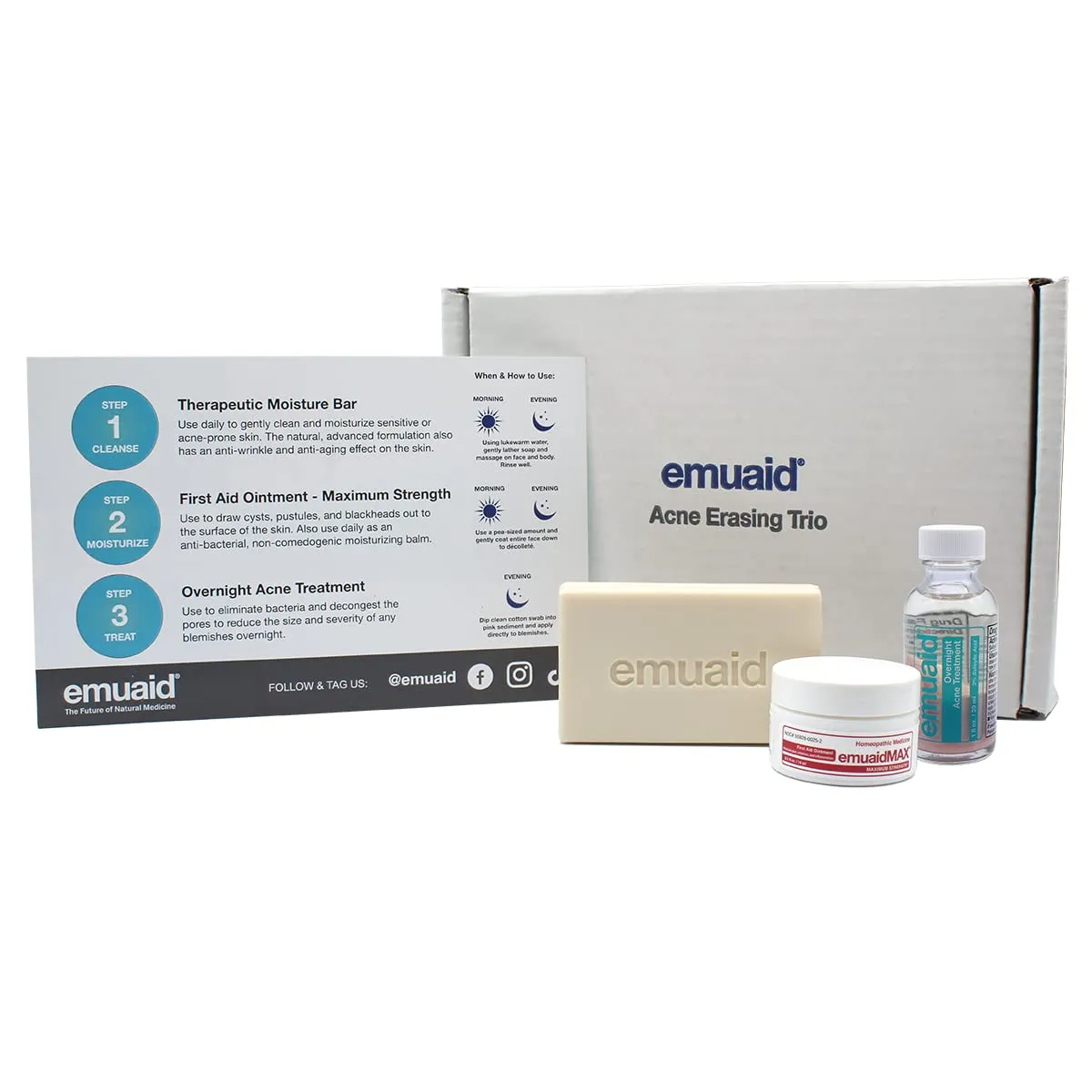 EMUAID Acne Erasing Trio - Therapeutic Moisture Bar, Overnight Acne Solution, EMUAIDMAX First Aid Ointment - Skincare Set Targets Cystic Acne, Clears Blackheads, Helps Improve Acne Scars & Blemishes