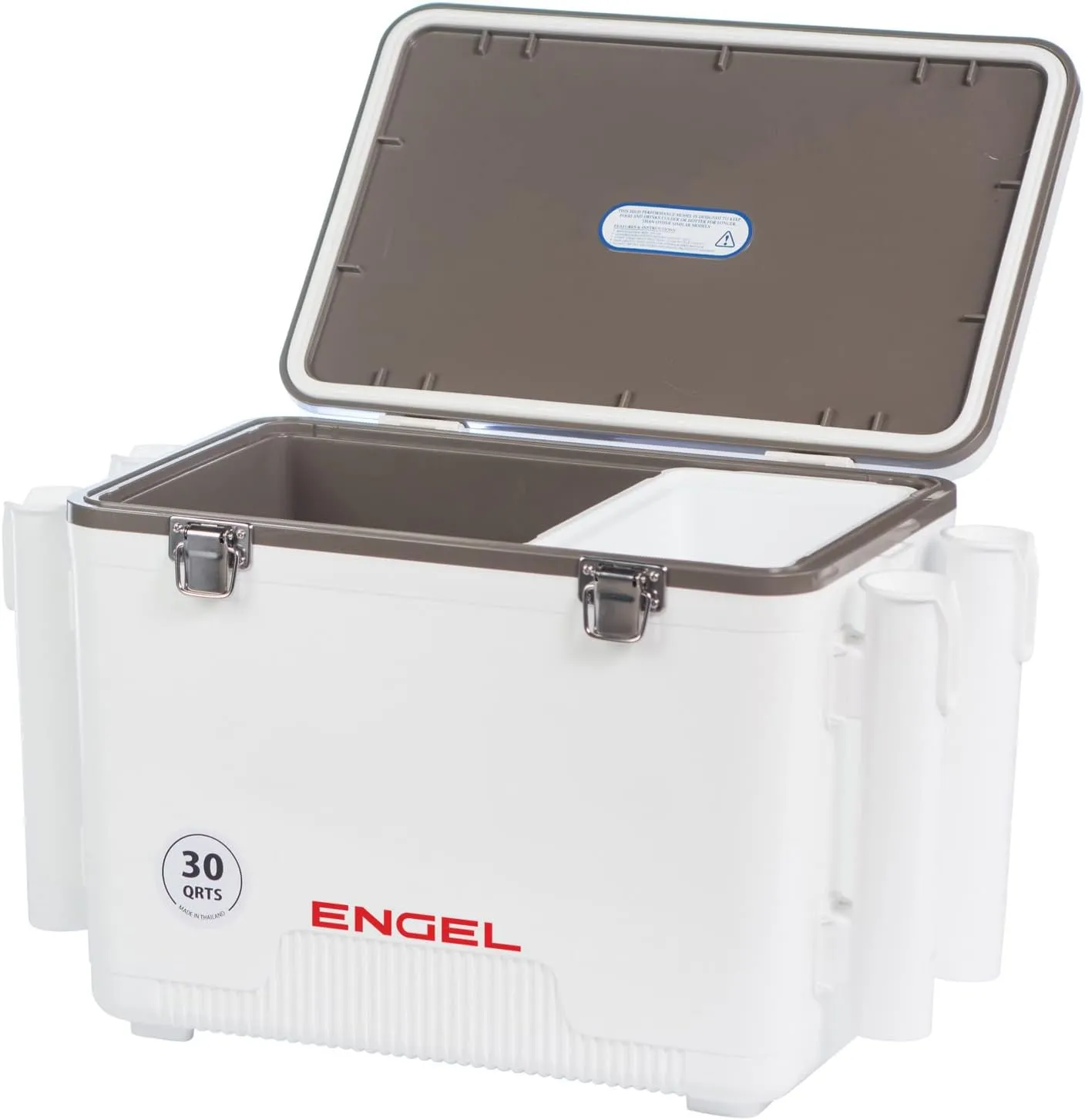 Engel UC30 30qt Leak-Proof, Air Tight, Fishing Drybox Cooler with Built-in Fishing Rod Holders, Also Makes The Perfect Hard Shell Lunchbox for Men and Women in White