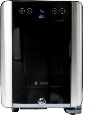 Essential Cooler Compact Portable Mini Fridge with Temp & Humidity Control, 3 USB Ports, Smoked Glass Shelves, Lockable UV Glass Door for Herbs, Oils, Cosmetics, and More