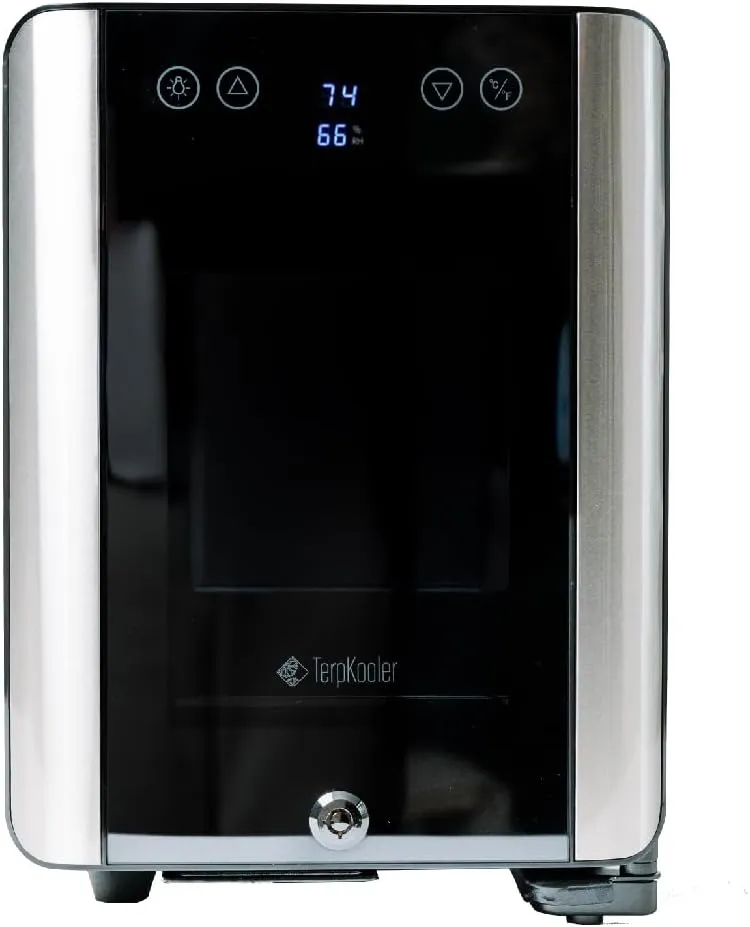 Essential Cooler Compact Portable Mini Fridge with Temp & Humidity Control, 3 USB Ports, Smoked Glass Shelves, Lockable UV Glass Door for Herbs, Oils, Cosmetics, and More