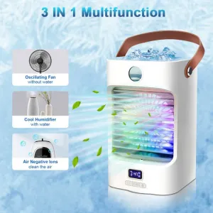 Evaporative Air Cooler, 3 Speeds 4000 mAh Mini Air Conditioner, 7 Colors LED Light Personal Air Conditioner Mini Prtable with Handle ( White)