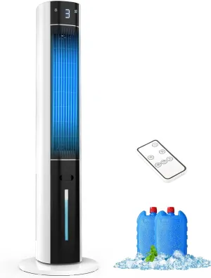 Evaporative Air Cooler - 38inch Swamp Cooler, Cooling Fans that Blow Cold Air, for Bedroom, Portable Cooling Tower Fan with 3L Water Tank, Ice Packs, Remote Control, 3 Speeds (White)