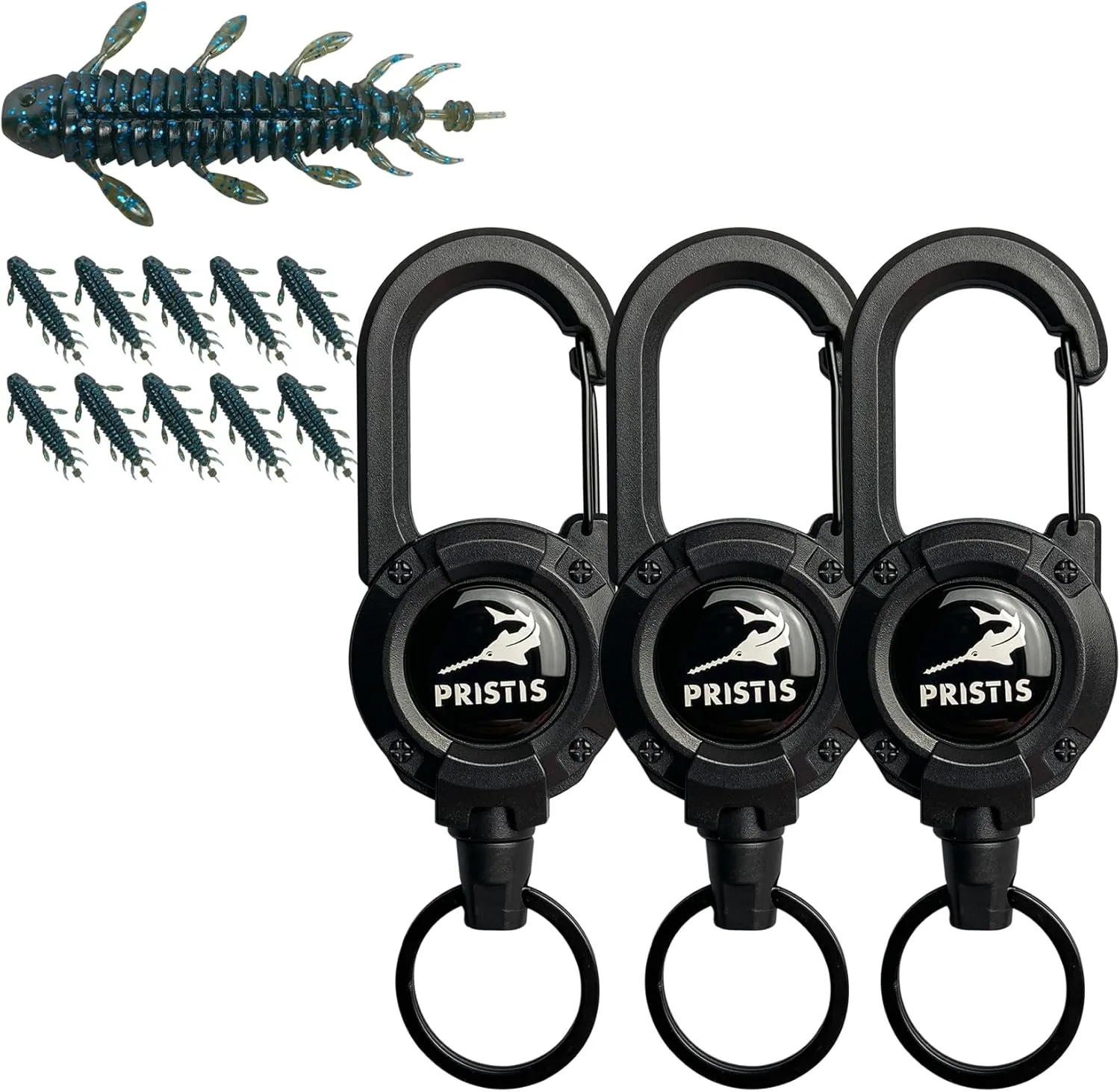 Exquisite Utility Fishing Gear and Lures Kit, 3 Pack Heavy Duty Zinger Retractors & 10 pcs Chariot Bug Soft Lures (Black Blue), A Cool Option for Angler