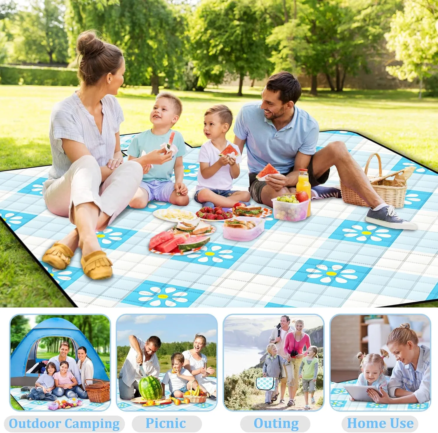 Extra Large Picnic Blanket Waterproof,80"x 80"Foldable Machine Washable Beach Blanket,Outdoor Blanket for 6-8 Adults,Suitable for Indoor Crawling,Park Beach,Camping,Hiking,Family Travel(Cute Blue)