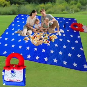 Extra Large Picnic Outdoor Blanket, 60" x 80" Waterproof Foldable Picnic Blanket with Pillow, Machine Washable Star Beach Mat for 4th of July Gathering,Camping, Beach, Hiking, Family Travel