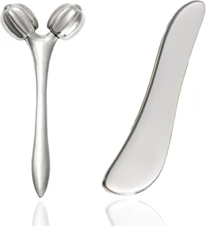 Face & Body Massager - Stainless Steel Guasha Set for Wrinkle Reduction, Chin Lift & Skin Tightening (Silver)