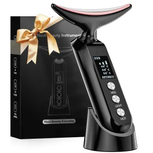 Facial Neck Massager Portable Charging Dock - 3 Heat Settings, Vibrating Face Massage, 9-Color LED Light & 72Hrs Battery | Home Spa Travel Skincare - Black