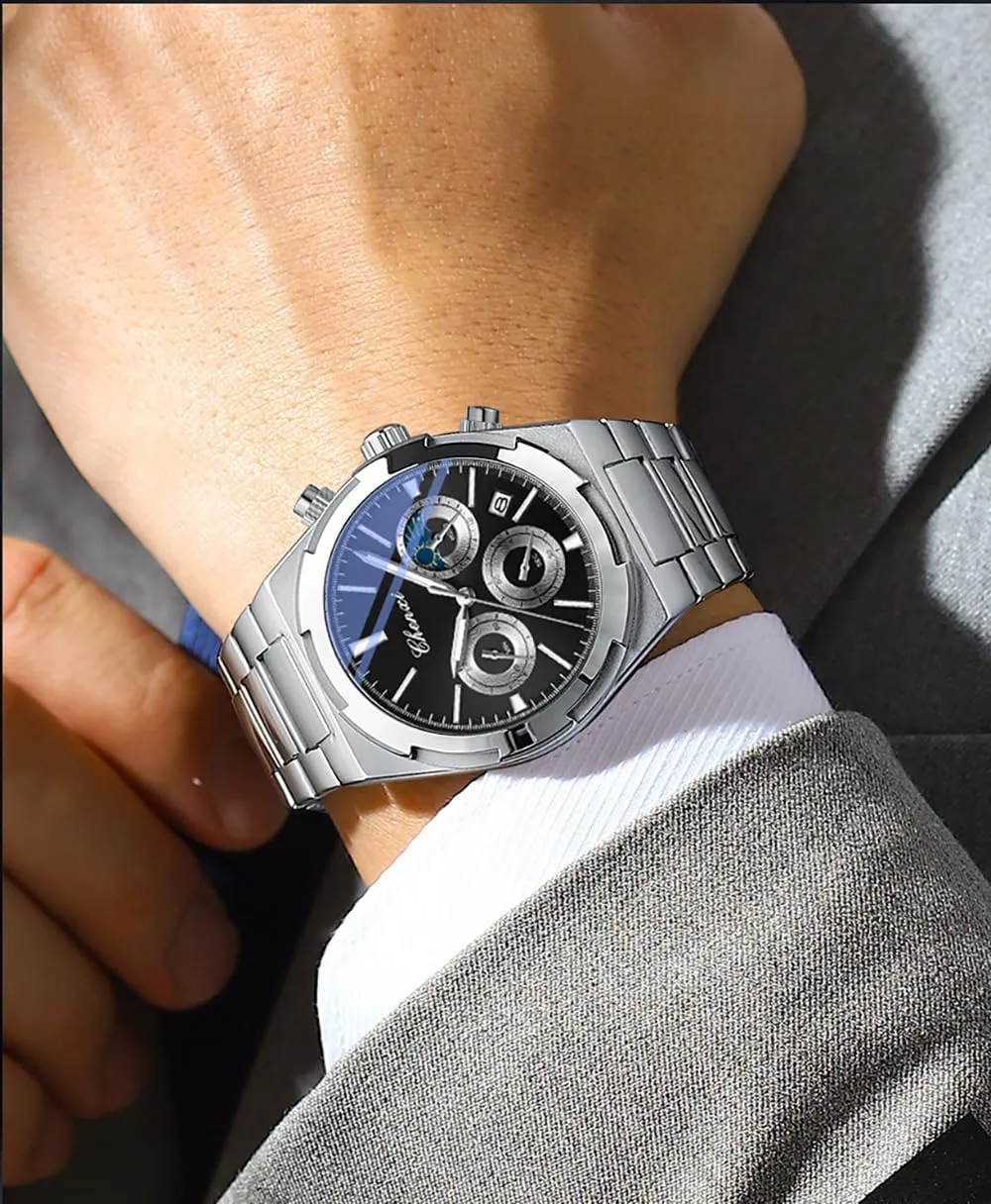 Fashion Business Men's Watch with Date Luminous Moonphase Function Stainless Steel Strap Quartz Waterproof Analog Multi-Function Chronograph Wristwatch for Men