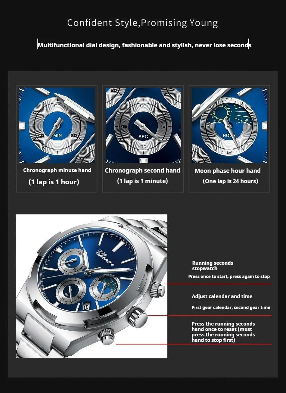Fashion Business Men's Watch with Date Luminous Moonphase Function Stainless Steel Strap Quartz Waterproof Analog Multi-Function Chronograph Wristwatch for Men