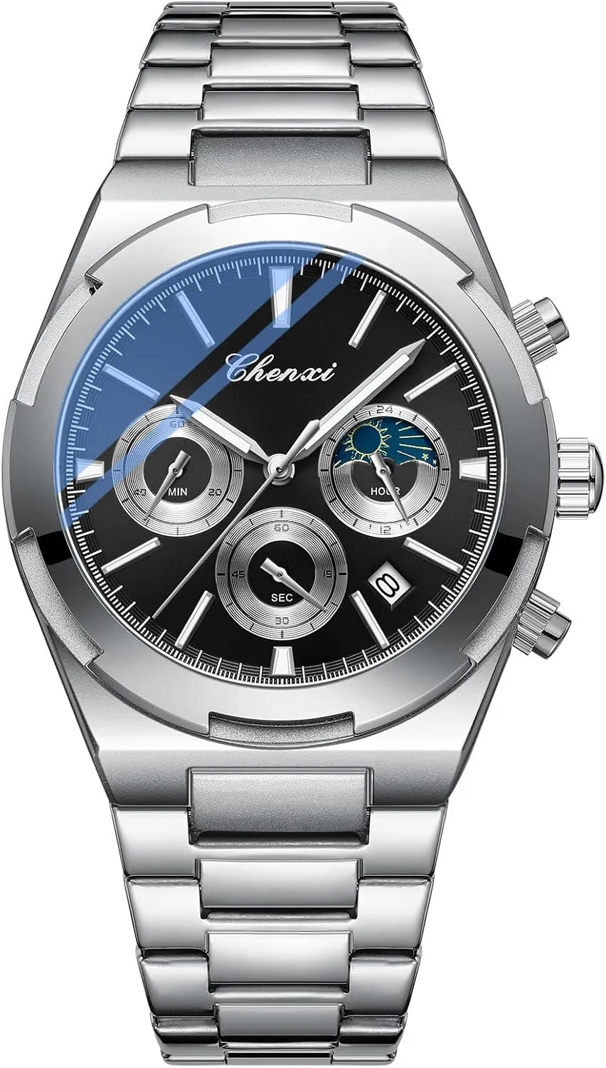 Fashion Business Men's Watch with Date Luminous Moonphase Function Stainless Steel Strap Quartz Waterproof Analog Multi-Function Chronograph Wristwatch for Men
