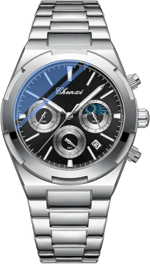 Fashion Business Men's Watch with Date Luminous Moonphase Function Stainless Steel Strap Quartz Waterproof Analog Multi-Function Chronograph Wristwatch for Men