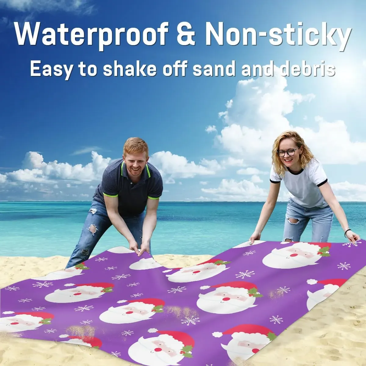 Father Christmas Beach Blanket, Sandproof Beach Mat, 68 x 59 Waterproof Quick Drying Sand Free Mat with 4 x Ground Spikes for Outdoor Travel Camping Hiking, Christmas