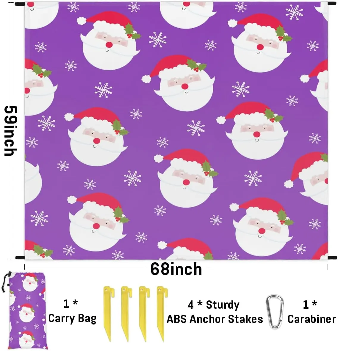 Father Christmas Beach Blanket, Sandproof Beach Mat, 68 x 59 Waterproof Quick Drying Sand Free Mat with 4 x Ground Spikes for Outdoor Travel Camping Hiking, Christmas