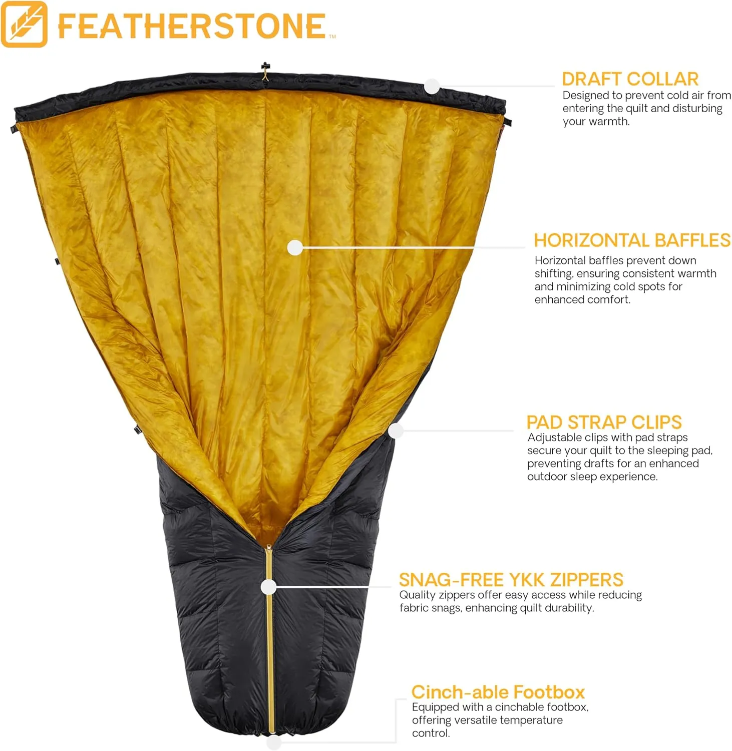 Featherstone Moondance 25 850 Fill Power Down Top Quilt Mummy Sleeping Bag Alternative for Ultralight Backpacking Camping and Thru-Hiking Color: Grey/Gold