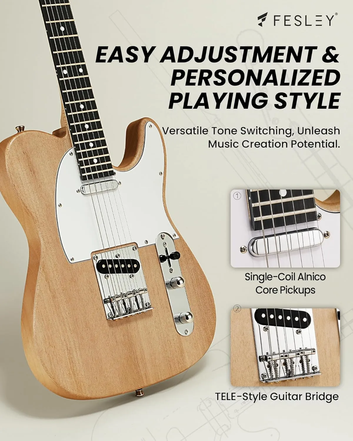Fesley DIY Electric Guitar Kit with Mahogany Body/Maple Neck, Electric Guitars for Adults with 6 Strings, DIY Guitar Kit with Techwood Fretboard, Beginner Guitar with SS Pickups, TC Style, Natural