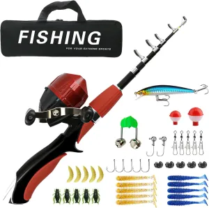 Fishing Pole Kit, Portable Telescopic Fishing Rod Kit, Fishing Rod Combos with Telescopic Fishing Pole Spinning Reels Fishing Carrier Bag, Compact for Youth & Beginners