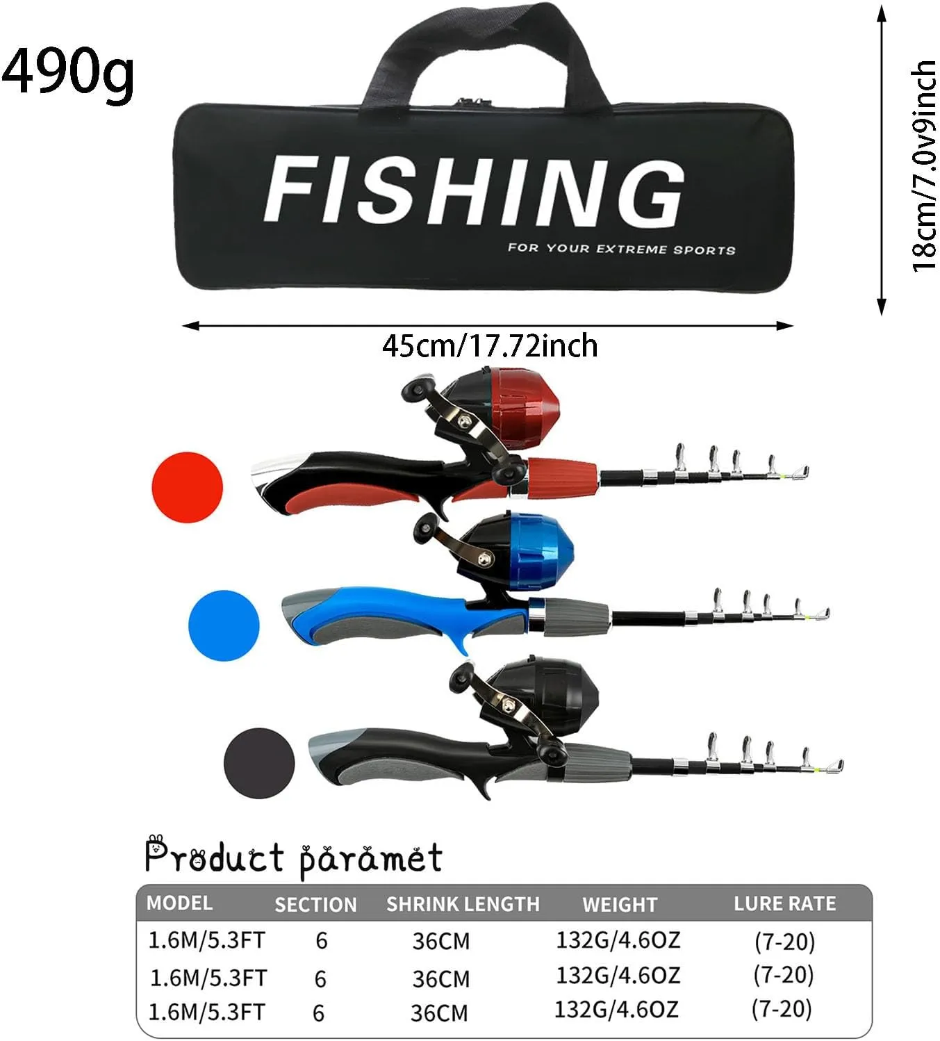 Fishing Pole Kit, Portable Telescopic Fishing Rod Kit, Fishing Rod Combos with Telescopic Fishing Pole Spinning Reels Fishing Carrier Bag, Compact for Youth & Beginners