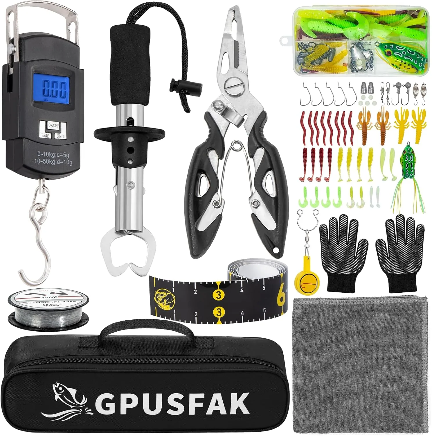 Fishing Tool Kit, Fishing Gears, Pliers Ice Fly Hook Knotter Lip Gripper Anti-Slip Gloves Lures Baits Accessories