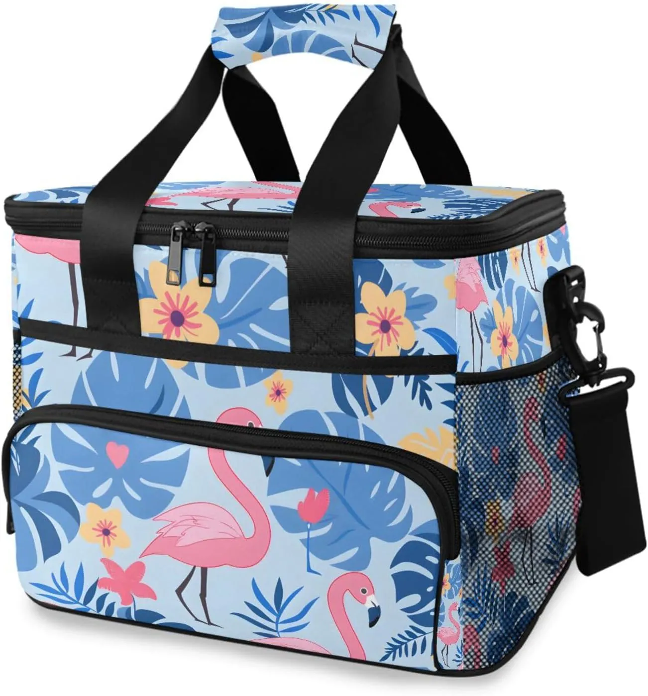 Flamingo Blue Palm Leaf Cooler Bag Insulated Cooler Soft Sided Cooler 24 Can Portable Picnic Bag Large Leakproof Lunch Bag Box for Beach Grocery Camping Travel Car Men Women