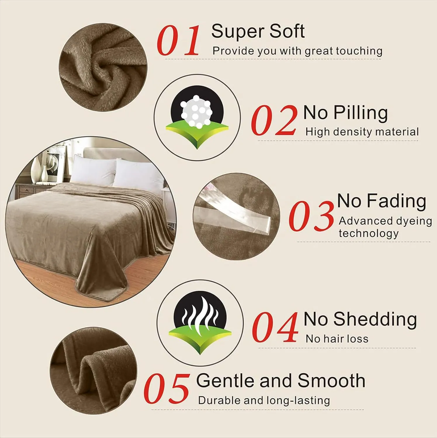 Fleece Blankets for All Season - Premium Lightweight Anti-Static Throw for King Size Bed Extra Soft Brush Fabric Warm Sofa Thermal Blanket 90" x 108"(Taupe)
