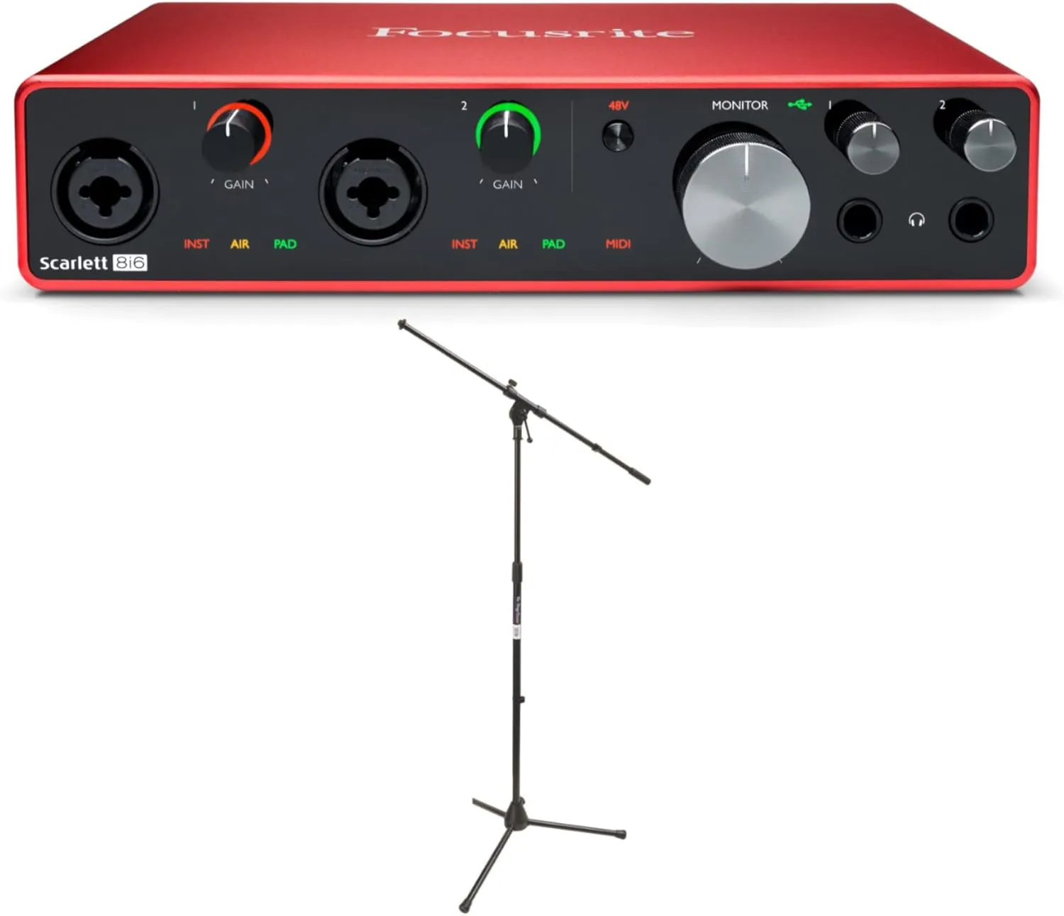 Focusrite Scarlett 8i6 3rd Gen 8x6 USB Audio Interface and MS7701B Euro Boom Microphone Stand (Black) Bundle (2 Items)