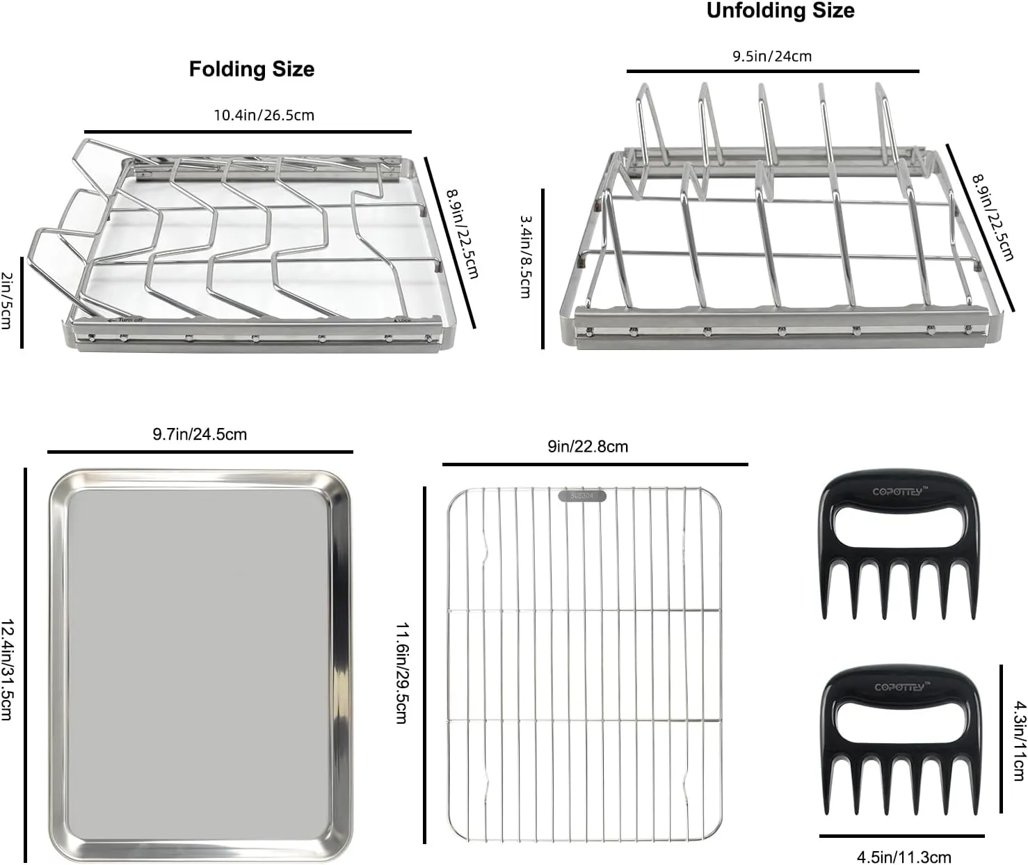 Foldable Rib Rack for Smoking, Stainless Steel 10 in Rib Rack with 2 Meat Shredder Claws, and Stainless Steel Serving Tray & Racks, Perfect for Grilling, BBQ Accessories
