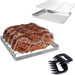 Foldable Rib Rack for Smoking, Stainless Steel 10 in Rib Rack with 2 Meat Shredder Claws, and Stainless Steel Serving Tray & Racks, Perfect for Grilling, BBQ Accessories
