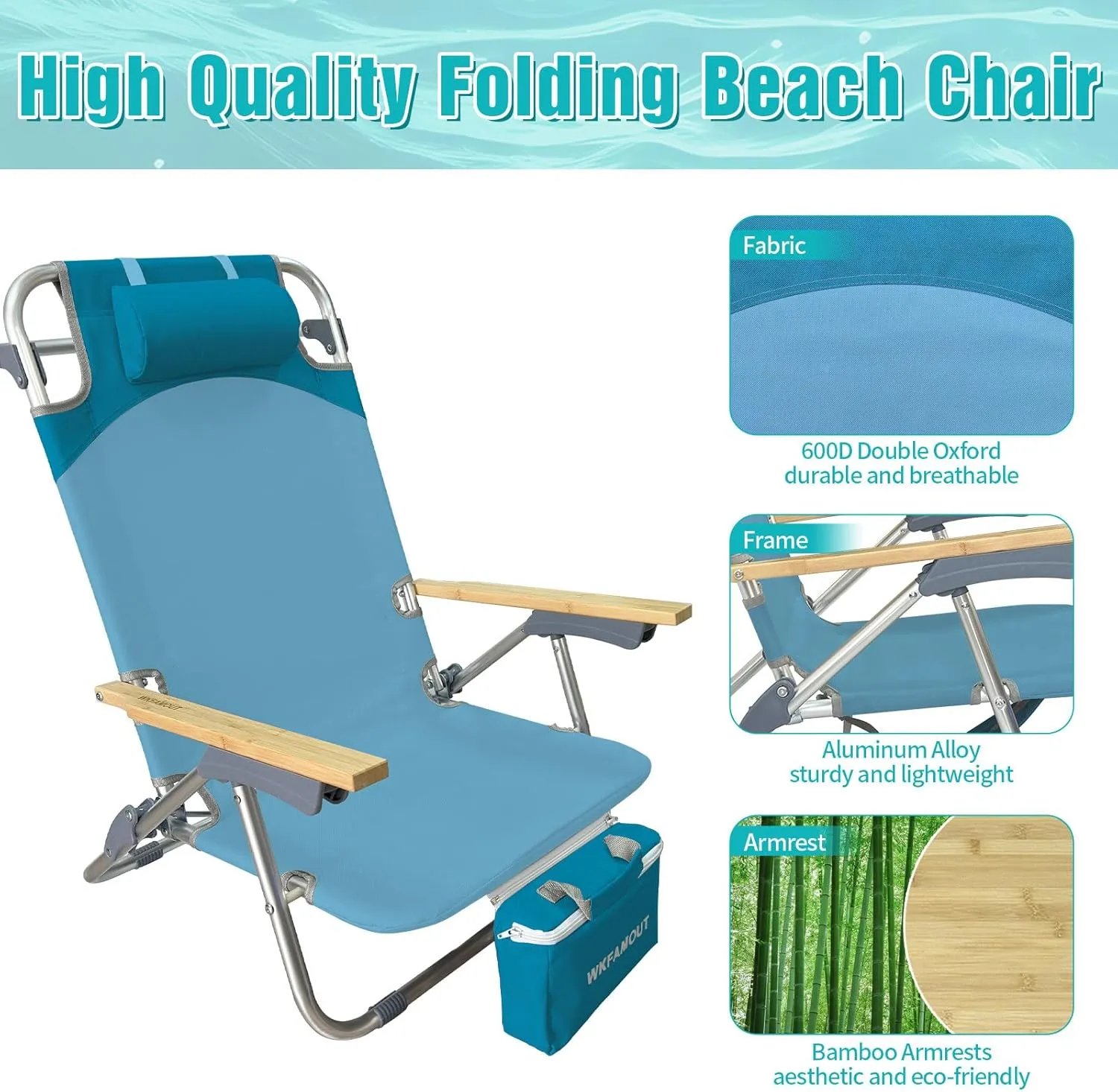 Folding Backpack Beach Chair Aluminum 5-Position with Samll Camping Table Bamboo Lay Flat Lounge Chair Outdoor for Adults with Insulated Cooler Bag