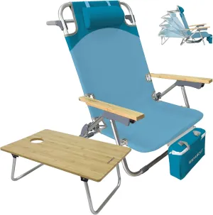 Folding Backpack Beach Chair Aluminum 5-Position with Samll Camping Table Bamboo Lay Flat Lounge Chair Outdoor for Adults with Insulated Cooler Bag