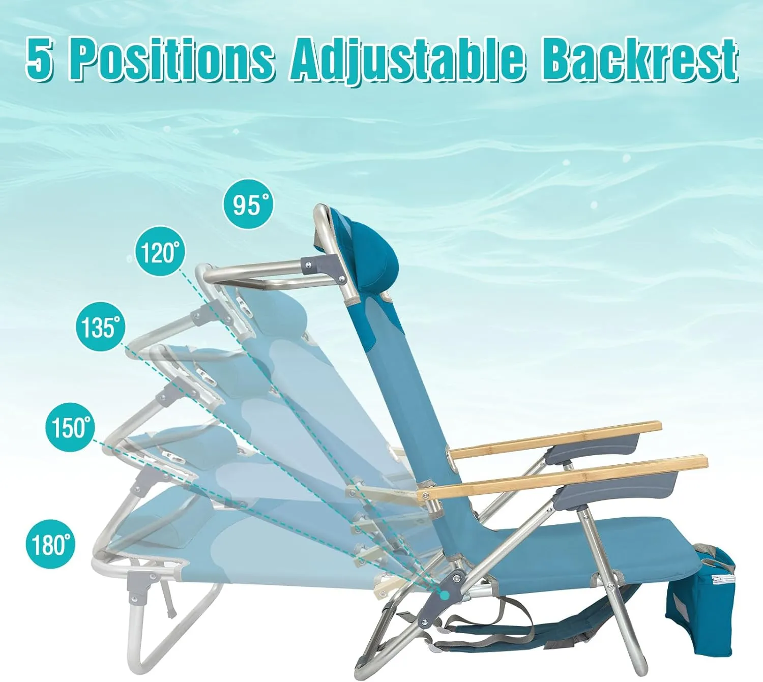 Folding Backpack Beach Chair Aluminum 5-Position with Samll Camping Table Bamboo Lay Flat Lounge Chair Outdoor for Adults with Insulated Cooler Bag