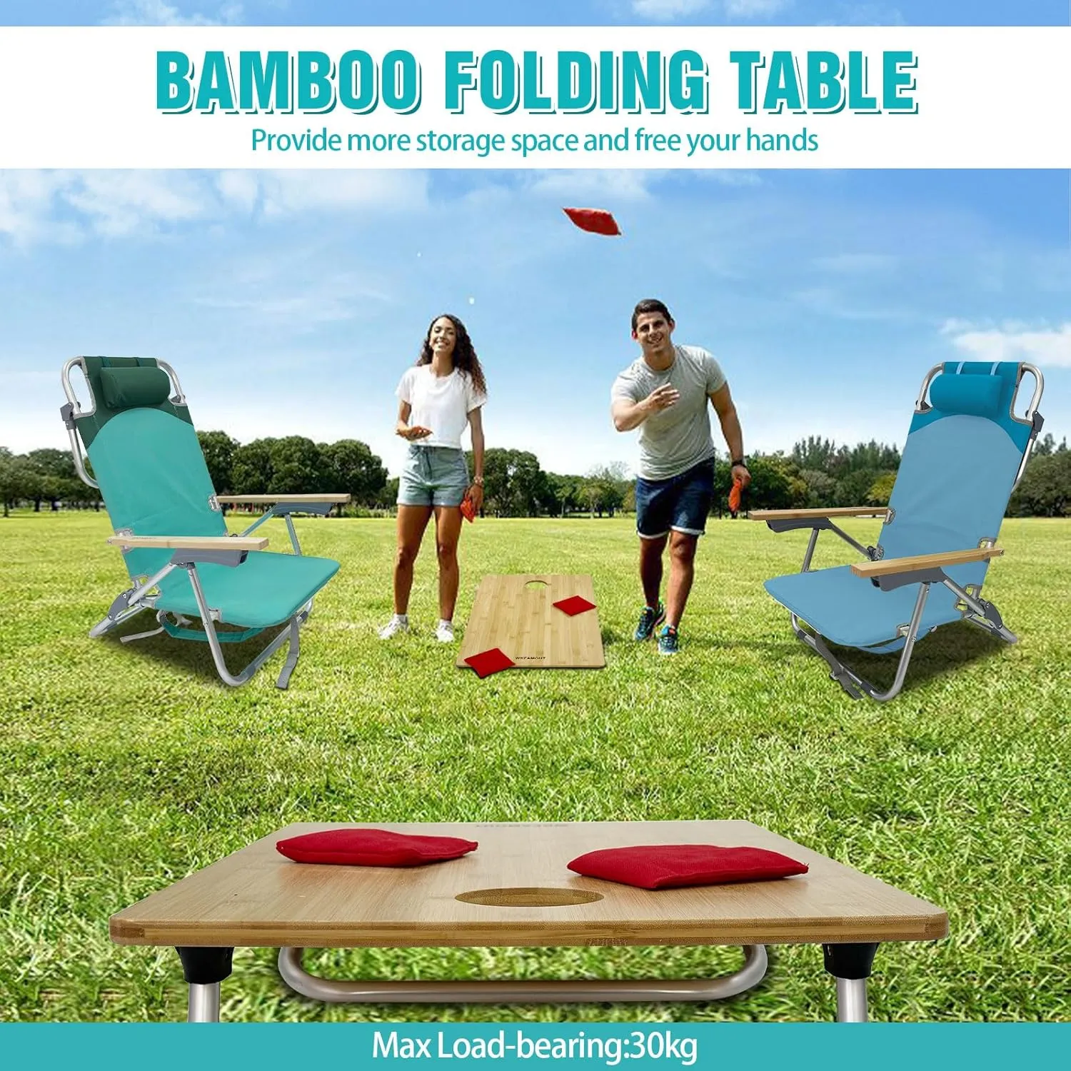 Folding Backpack Beach Chair Aluminum 5-Position with Samll Camping Table Bamboo Lay Flat Lounge Chair Outdoor for Adults with Insulated Cooler Bag