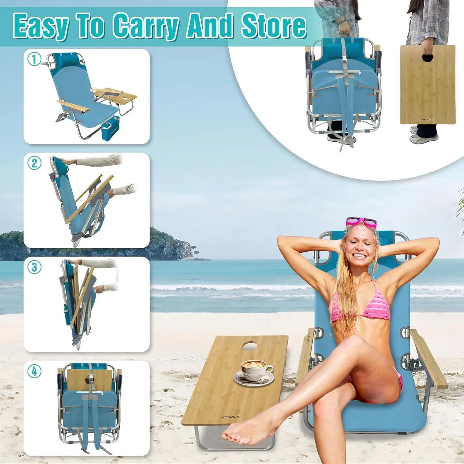 Folding Backpack Beach Chair Aluminum 5-Position with Samll Camping Table Bamboo Lay Flat Lounge Chair Outdoor for Adults with Insulated Cooler Bag