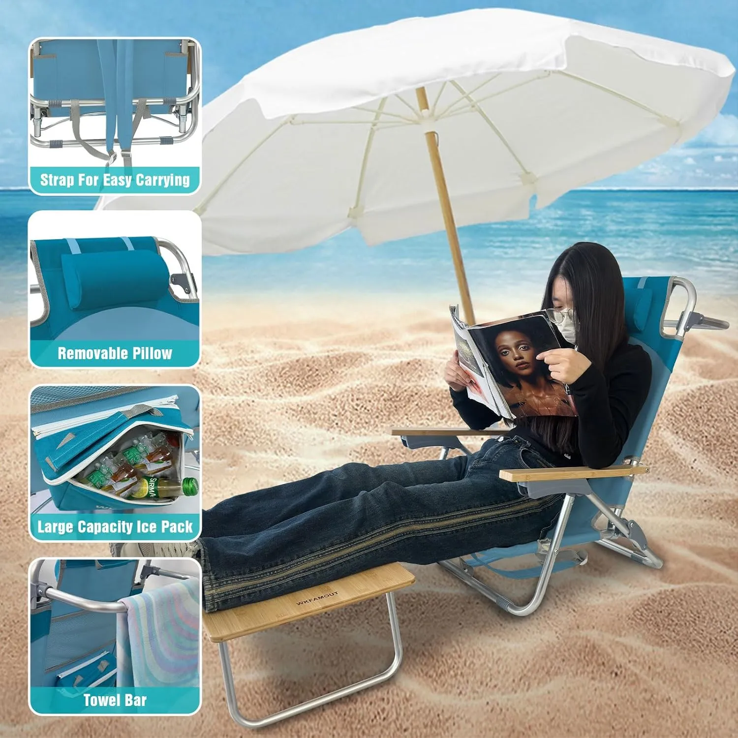 Folding Backpack Beach Chair Aluminum 5-Position with Samll Camping Table Bamboo Lay Flat Lounge Chair Outdoor for Adults with Insulated Cooler Bag