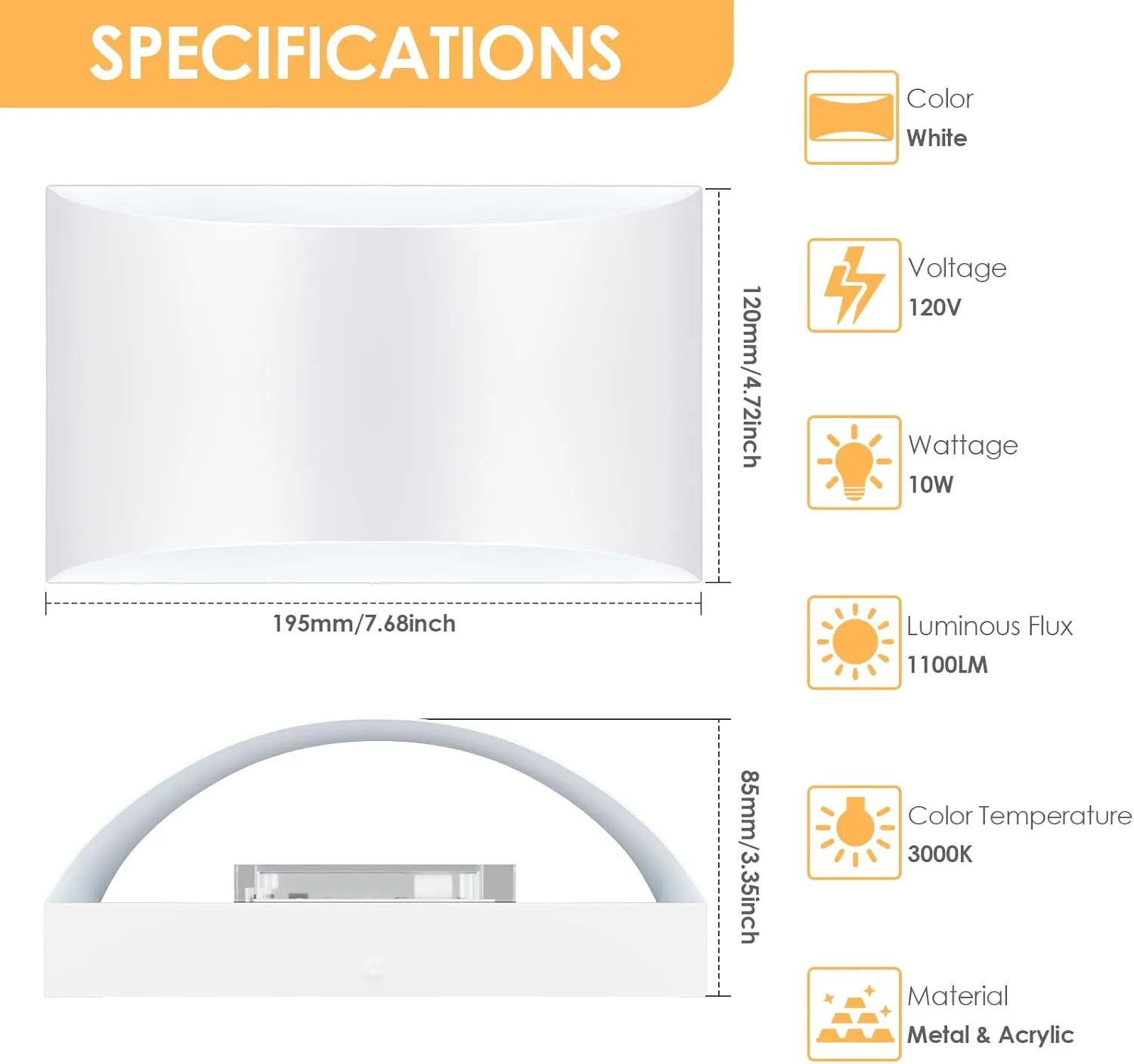 FOLKSMATE Modern LED Wall Sconces Set of 2, 3000K Warm White Up and Down Mount Light, White Hardwired Interior Wall Lights Lamp for Indoor Living Room Bedroom Hallway Basement Stairway